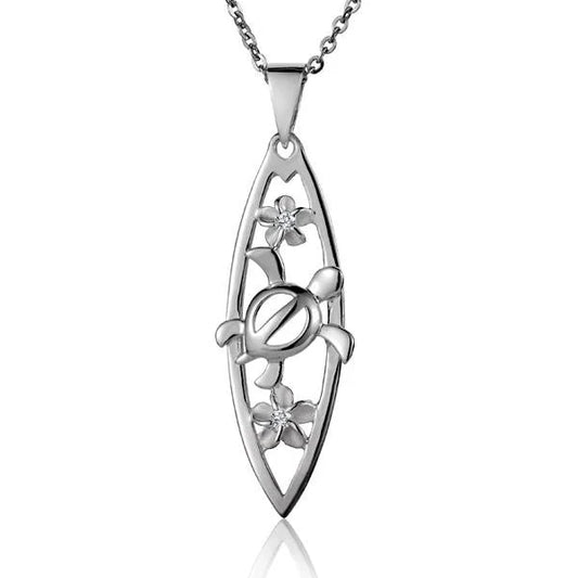 Sterling silver 6mm surfboard pendant with F-H-F design, crafted by Ashley's Gift Shop.