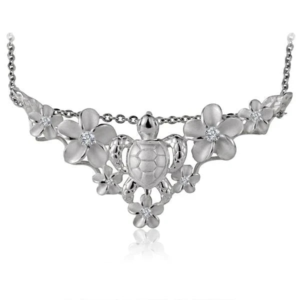 Hawaiian 925 Sterling Silver plumeria Turtle Slider Pendant featuring intricate floral and turtle design.