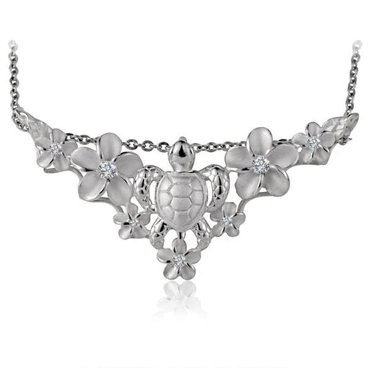 Sterling silver Plumeria Turtle Slider Pendant featuring intricate floral and turtle design, perfect for jewelry accessories.