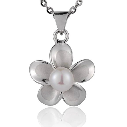 Rhodium Plumeria White Pearl Pendant - 15mm image 0
