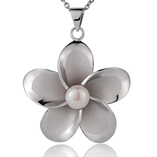 Rhodium Plumeria White Pearl Pendant - 43mm image 0