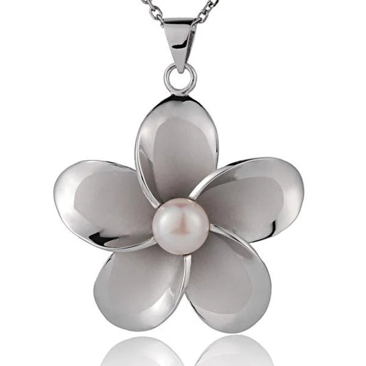 Rhodium Plumeria White Pearl Pendant - 43mm image 0