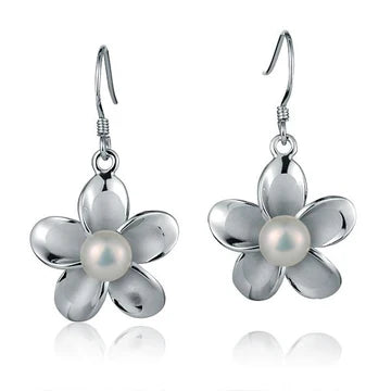 Rhodium Plumeria White Pearl Hook Earring -20mm image 0