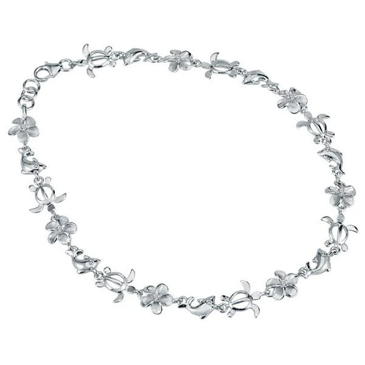 Dolphin Honu Plumeria CZ Rhodium Anklet - 8mm image 0