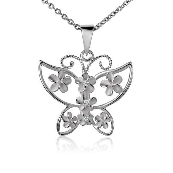 Hawaiian 925 Sterling Silver 7-plumeria butterfly pendant featuring detailed floral design.