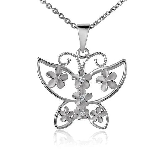 Sterling silver 7-plumeria butterfly pendant featuring detailed floral design, crafted by Ashley's Gift Shop.