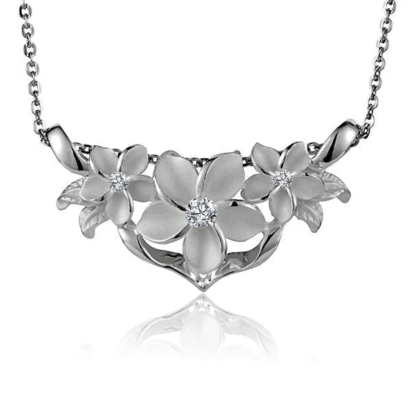 Hawaiian 925 Sterling Silver plumeria slider pendant, 8-12-8mm, with intricate floral design.