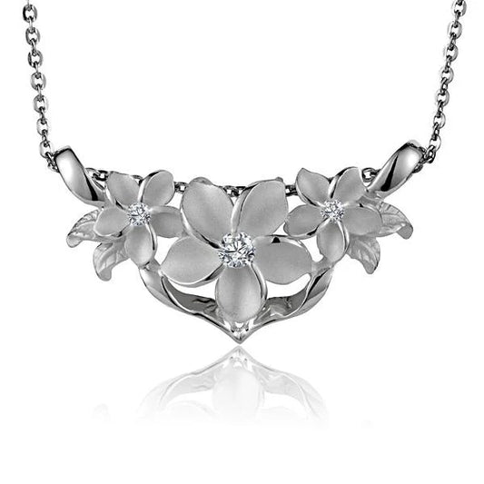 Sterling silver Plumeria slider pendant, 8-12-8mm, with intricate floral design, crafted by Ashley's Gift Shop.