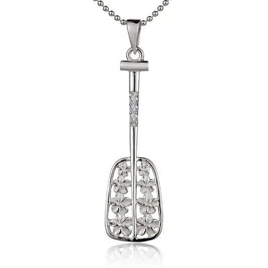 8 Plumeria CZ paddle pendant crafted from 925 sterling silver, featuring floral design with sparkling cubic zirconia accents.
