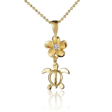 Plumeria CZ Honu Rhodium YG Pendant - 8mm image 0