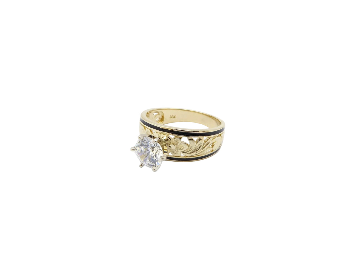 Hawaiian 14K Gold ring with 8mm band and 1-carat black gemstone.