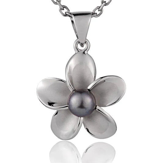 Rhodium Plumeria DB Pearl Pendant - 20mm image 0