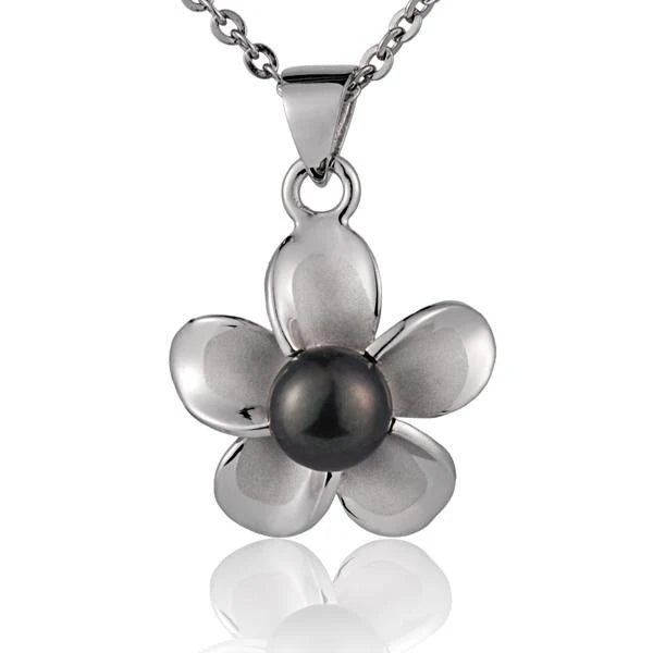 Rhodium Plumeria DB Pearl Pendant - 15mm image 0