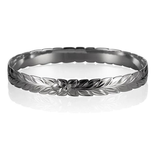 Hawaiian Maile bangle bracelet with 8mm width, featuring intricate leaf design, crafted by Ashley's Gift Shop.