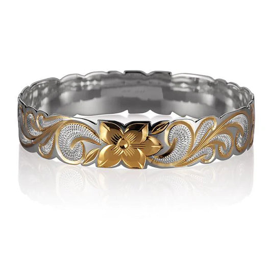 Hawaiian Queen 2 Tone Bangle bracelet, 15mm wide, featuring gold and silver tones, stylish jewelry by Ashley's Gift Shop.