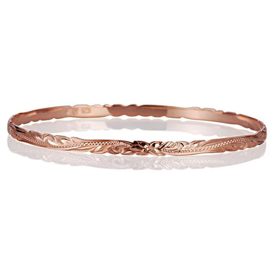 Hawaiian PG plated scroll bangle with 4mm width, featuring intricate design, made by Ashley's Gift Shop.