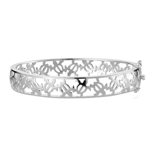 Silver SB Honu S/T Around Open Bangle bracelet with intricate turtle design, featuring a sleek open cuff style.