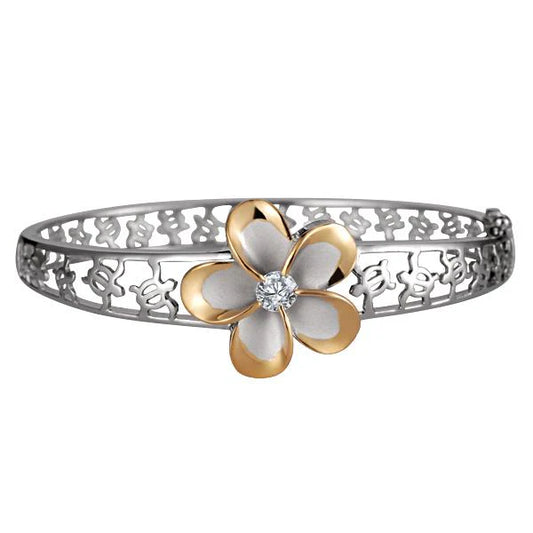 Rhodium-plated 22mm Plumeria bangle bracelet with floral design, showcasing intricate details and shiny finish.