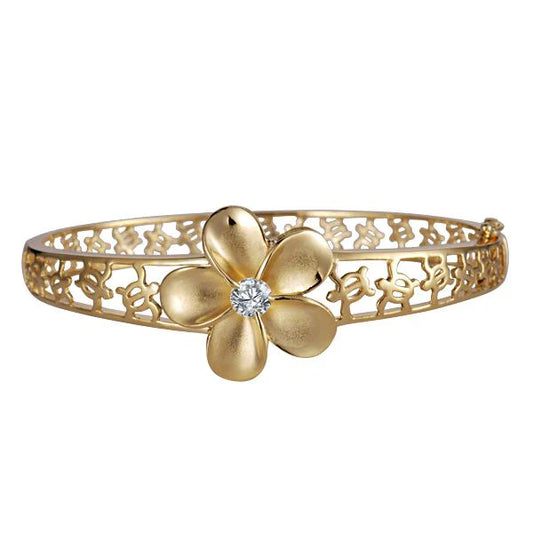 Rhodium and yellow gold coated 22mm Plumeria bangle bracelet with floral design, metal jewelry piece for women.