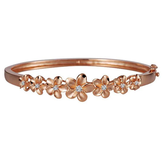 Rhodium pink gold coated Plumeria bangle with 8-12mm size, featuring floral design and elegant jewelry style.