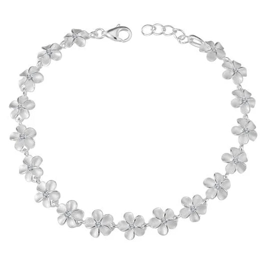 Plumeria CZ bracelet with 8mm stones, showcasing sparkling cubic zirconia beads on a delicate silver chain.