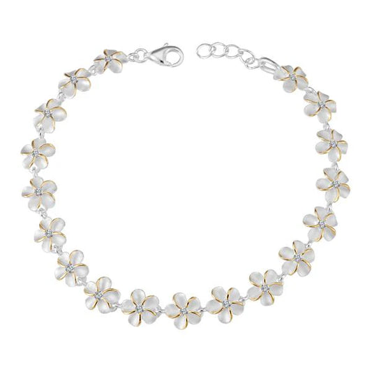 Plumeria CZ bracelet with 8mm stones featuring floral charm, crafted by Ashley's Gift Shop, displayed on a neutral background.