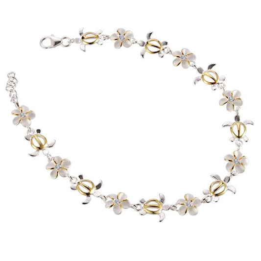 Honu Plumeria CZ bracelet with 8mm beads, featuring floral design and sparkling cubic zirconia stones, on a neutral background.