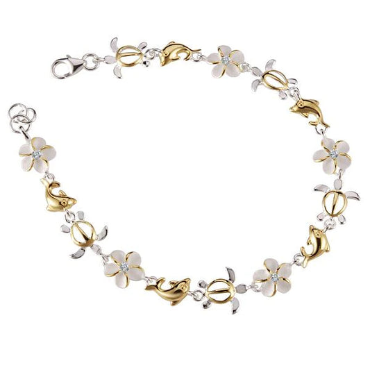Honu Dolphin Plumeria CZ bracelet with 8mm beads featuring dolphin and plumeria flower charms, crafted by Ashley's Gift Shop