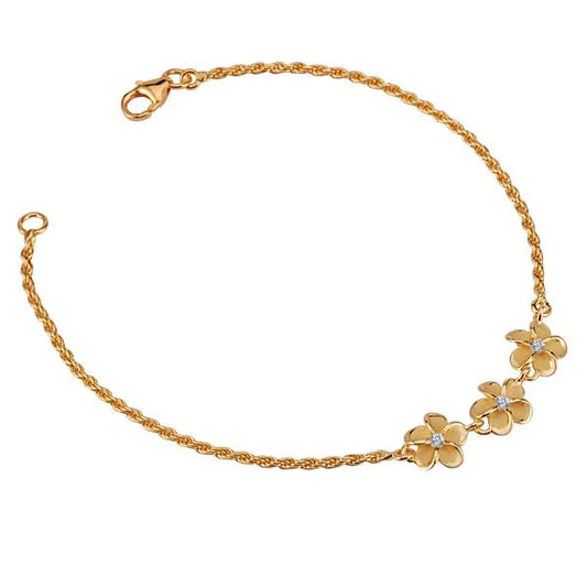 Gold-plated Plumeria CZ rope bracelet with 10mm beads from Ashley's Gift Shop, showcasing elegant jewelry design.