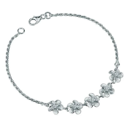 Five Plumeria CZ Rope Bracelet featuring 8mm beads, crafted by Ashley's Gift Shop, showcasing the elegant jewelry design.