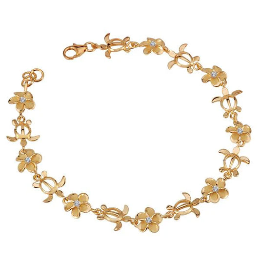 Ashley’s Gift Shop Plumeria CZ Honu Dolphin bracelet with 8mm yellow gold plated beads, featuring a dolphin charm and vibrant flower design.