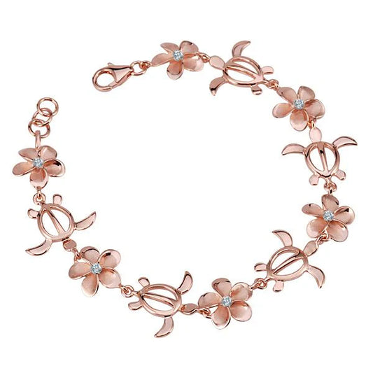 Silver-plated Plumeria CZ Honu PG bracelet with 12mm charms, featuring tropical turtle design, by Ashley's Gift Shop.