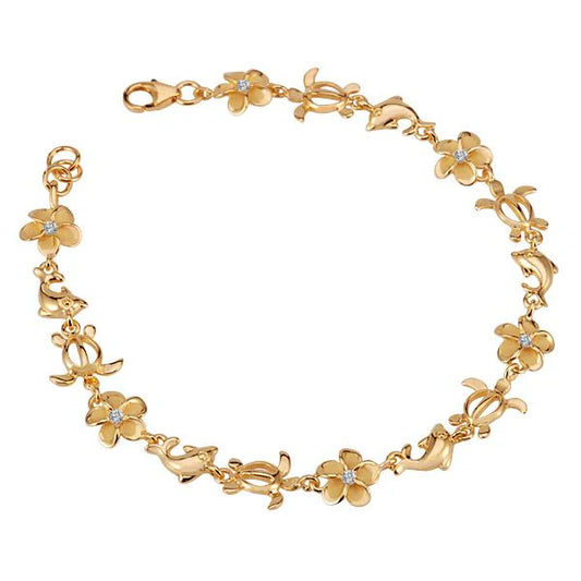 Gold-plated Plumeria CZ dolphin bracelet with 8mm beads, featuring a tropical-inspired design and elegant craftsmanship.