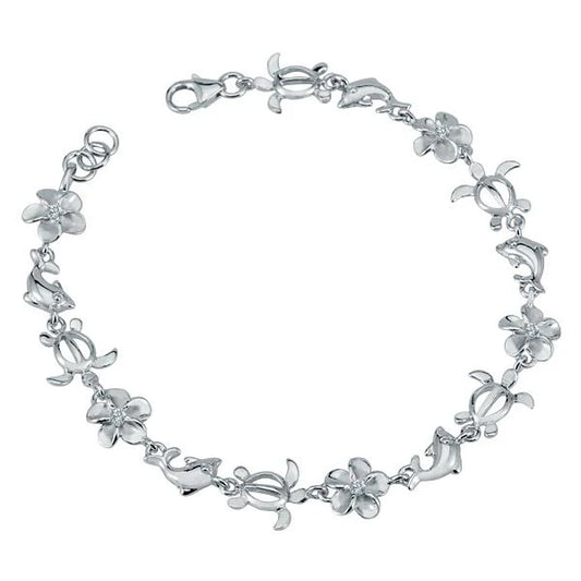 Plumeria CZ Honu-Dolphin bracelet with 8mm beads from Ashley's Gift Shop, featuring dolphin and plumeria flower charms.
