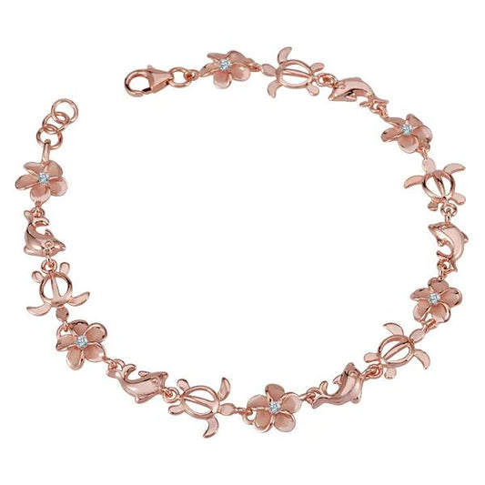 Plumeria CZ Honu-Dolphin plated bracelet with 8mm beads, featuring dolphin and plumeria charm, crafted by Ashley's Gift Shop.