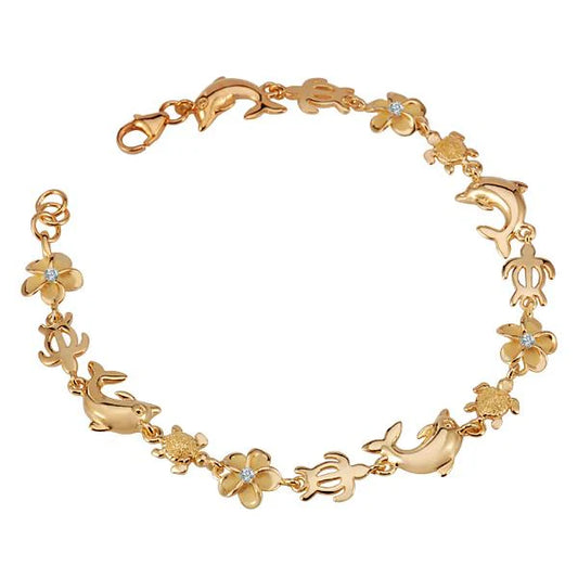 Dolphin Honu Plumeria CZ gold-plated bracelet with 8mm beads, featuring dolphin and plumeria charm details.