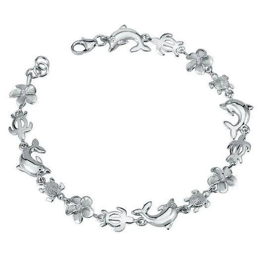 Dolphin Honu Plumeria CZ bracelet with 8mm beads featuring dolphin and tropical flower charms, crafted by Ashley's Gift Shop