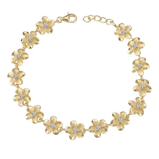 Gold-plated Plumeria CZ bracelet with 10mm beads, featuring floral design and sparkling cubic zirconia accents.