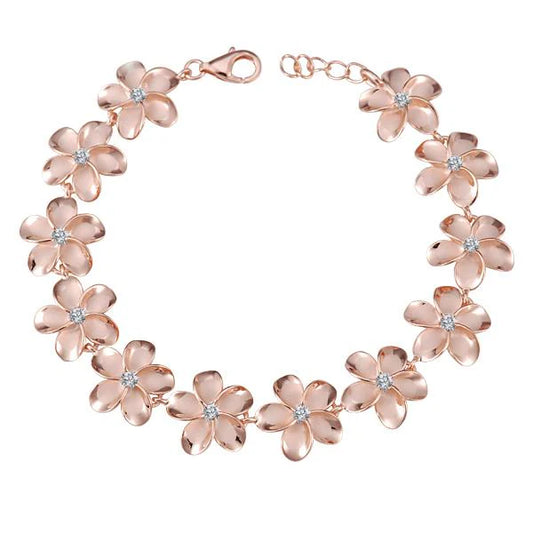 Plumeria CZ PG plated bracelet featuring 15mm floral design with sparkling cubic zirconia accents by Ashley's Gift Shop