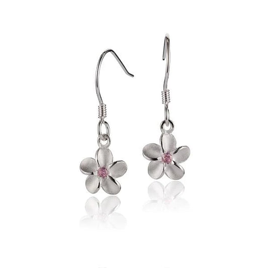 Pink CZ hook earring featuring plumeria flower design, 8mm size, from Ashley's Gift Shop.