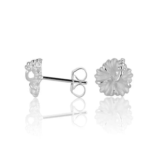 Hibiscus earring with 8mm floral design in vibrant pink and green, crafted by Ashley's Gift Shop.