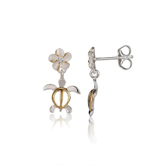 Honu Plumeria CZ yellow gold plated sterling silver earring, 6mm, with floral design and sparkling cubic zirconia accents.