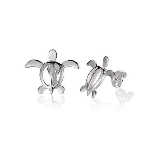 Honu (M) stud earring by Ashley's Gift Shop featuring a small, detailed turtle design in silver metal on a white background.