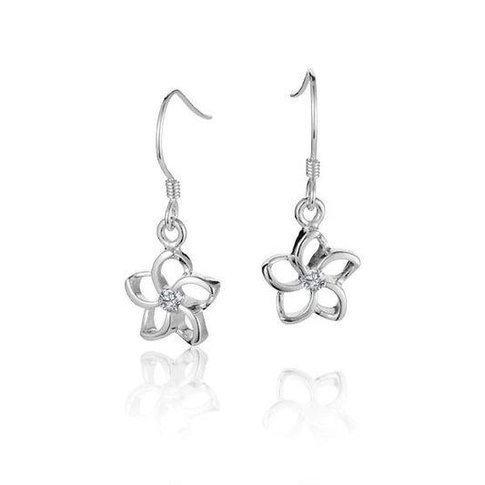 Floating Plumeria CZ hook earring from Ashley's Gift Shop, 10mm, featuring a delicate plumeria flower and sparkling cubic zirconia accents.