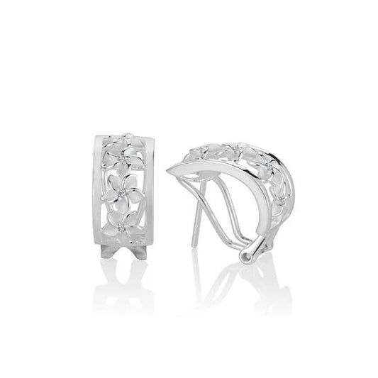 Four plumeria-shaped CZ half moon earrings with gold-filled backing, designed by Ashley's Gift Shop.