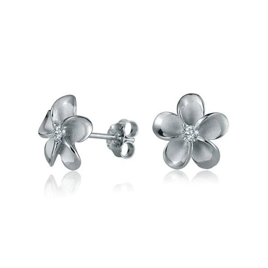 Rhodium plated Plumeria CZ post earring with 10mm flower design, Ashley's Gift Shop jewelry, close-up view of the earring.