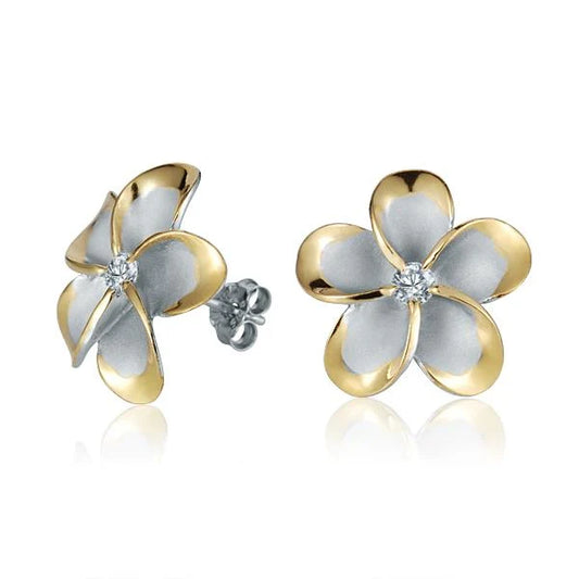 Ashley’s Gift Shop Plumeria CZ yellow gold plated post earring, 18mm, featuring a delicate flower design with sparkling CZ stones.