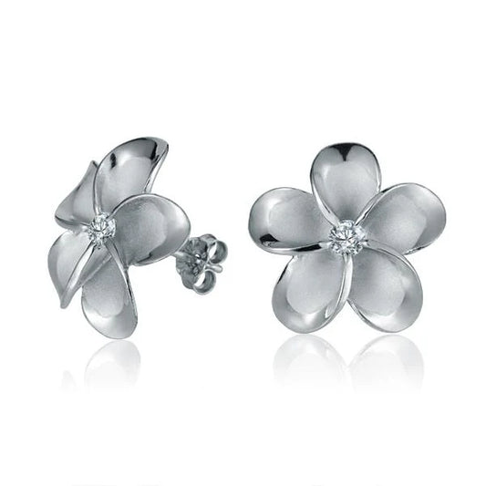 Plumeria CZ rhodium-plated post earring, 18mm size, featuring floral design and sparkling cubic zirconia accents.