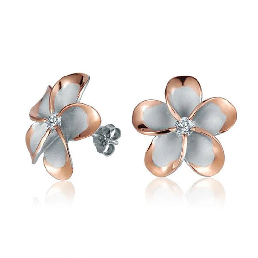 Ashley’s Gift Shop Plumeria CZ PG plated post earring, 18mm with floral design and pink gold finish, close-up view