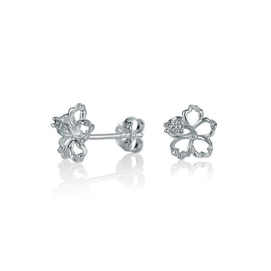 Floating hibiscus earring in 8mm 925 sterling silver, featuring delicate flower design and secure hook, perfect for elegant wear.
